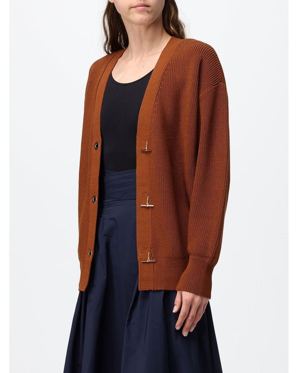 Elisabetta Franchi Brown V-Neck Viscose Blend Cardigan With Dropped Shoulders