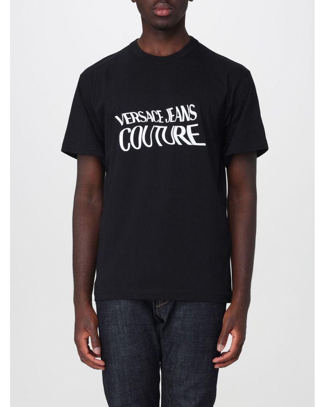 Versace Jeans Couture Black Cotton Crew Neck T-Shirt With Contrast Logo for men