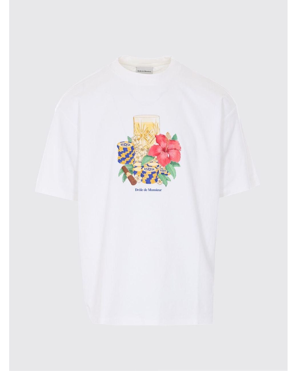 Drole de Monsieur White Printed Cotton Crew Neck T-Shirt for men