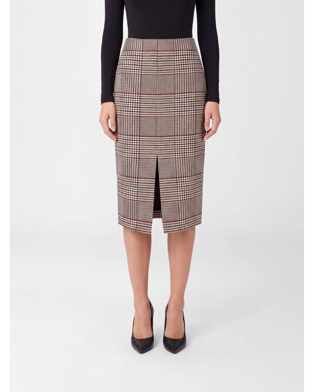 FEDERICA TOSI Brown Tartan Wool Blend Midi Pencil Skirt With Front Slit