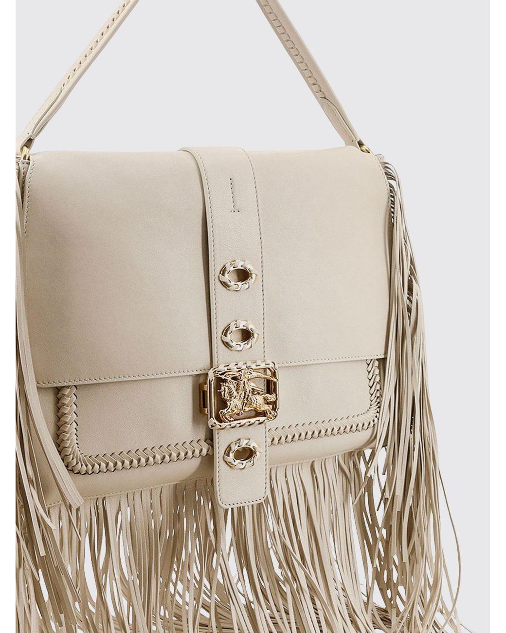 Burberry White Rider Fringed Calfskin Shoulder Bag With Ekd Logo