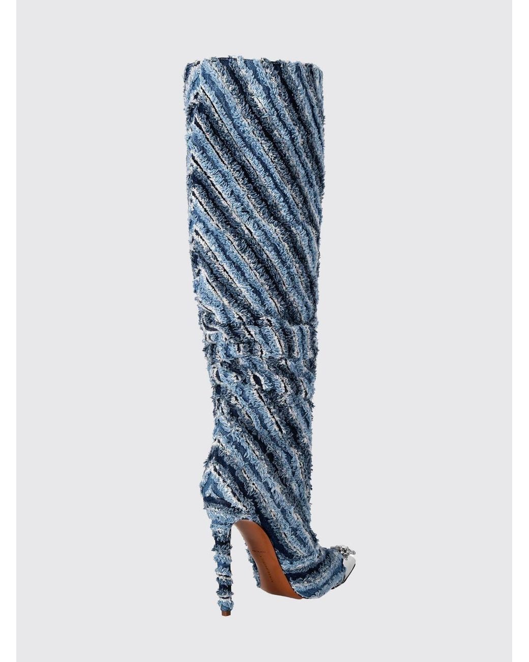 Philipp Plein Blue Bicolor Striped Denim Knee-High Boots With Crystals