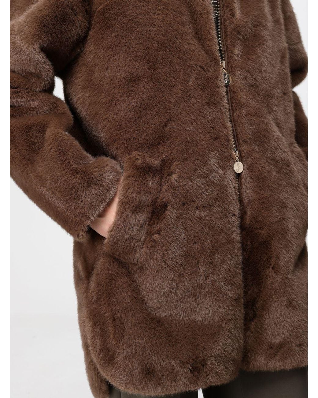 Joseph Ribkoff Brown Knee-Length Faux Fur Coat With Hood