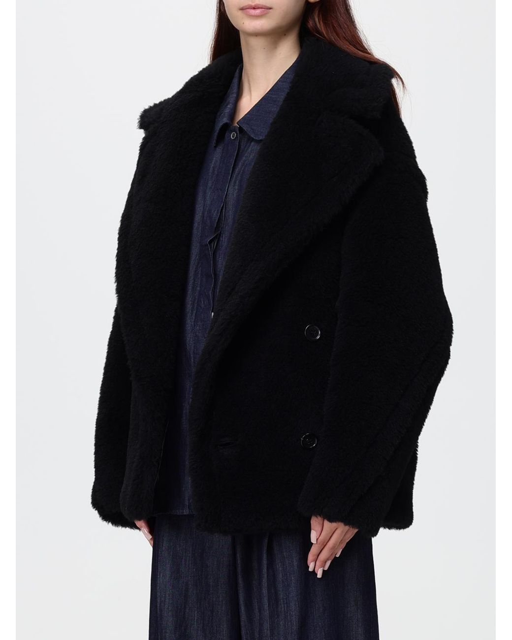 Max Mara Black Short Double-Breasted Faux-Fur Effect Coat