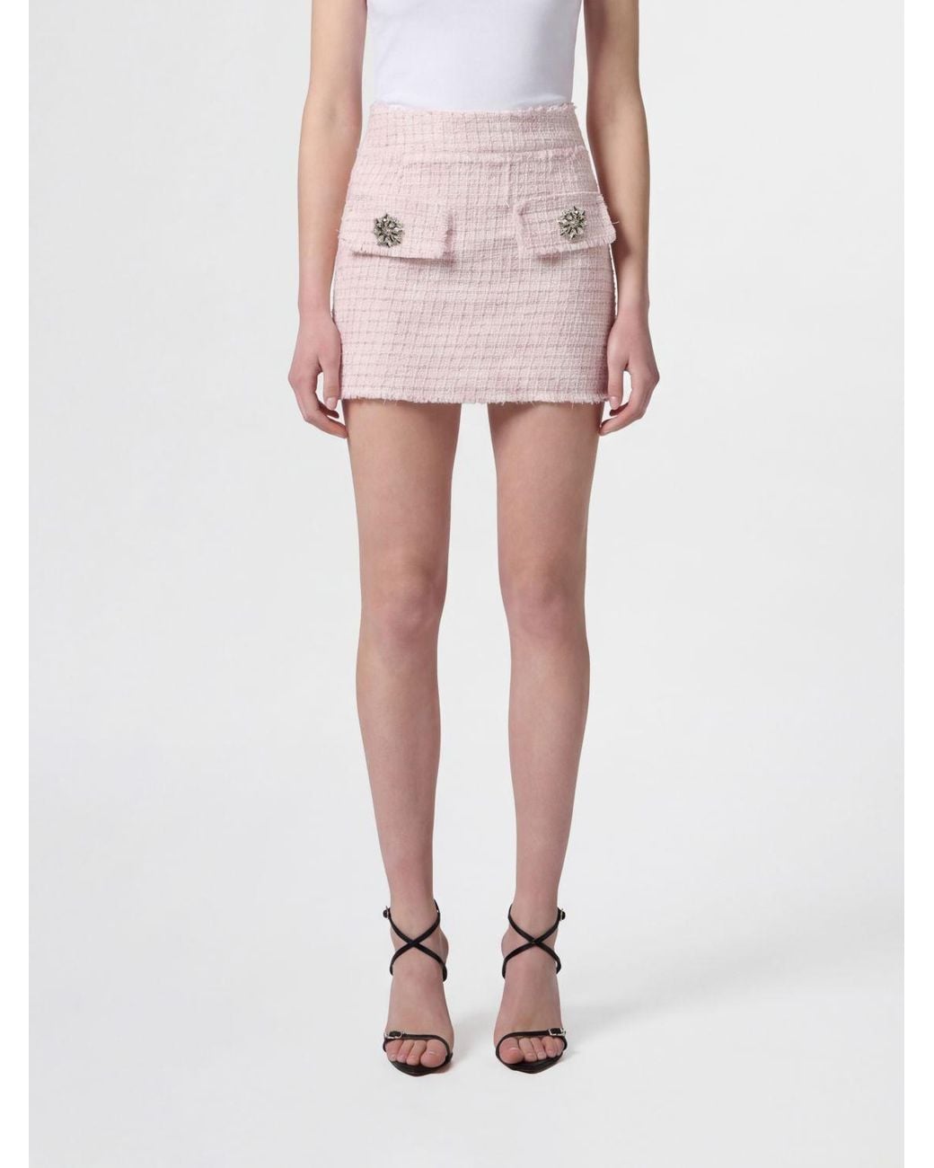 Philipp Plein Pink High-Waisted Tweed Pencil Mini Skirt With Jewel Buttons