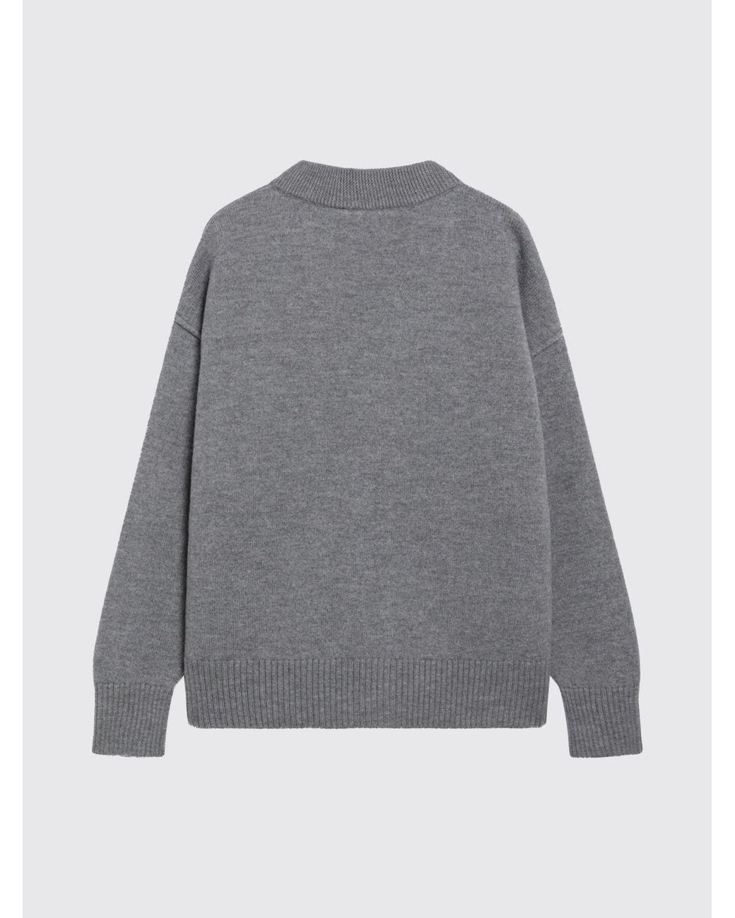 AMI Gray V-Neck Pure Wool Cardigan With Contrast Logo for men