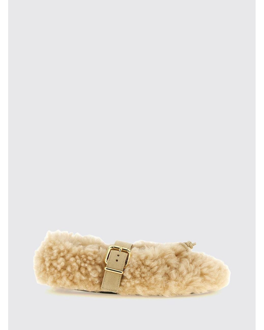 Marni Natural Shearling Mary Jane Ballerina Flats With Adjustable Strap