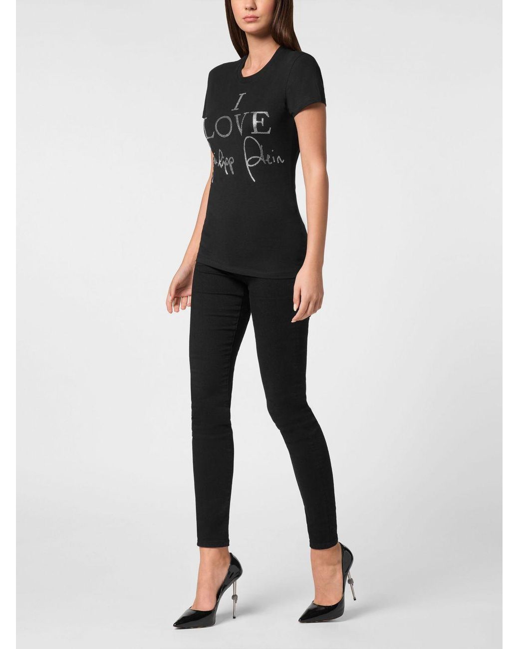 Philipp Plein Black Jersey T-Shirt With Slogan Print And Rhinestone Embellishments
