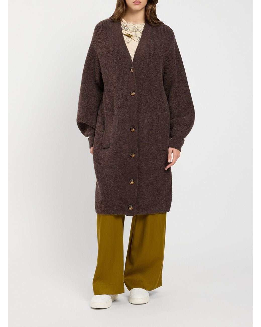 Twinset Brown Long Wool Blend Cardigan With Balloon Sleeves