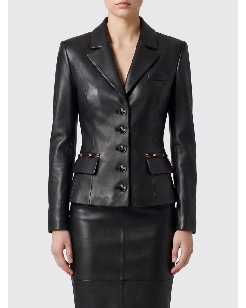 Elisabetta Franchi Black Slim Fit Leather Blazer With Peak Lapels