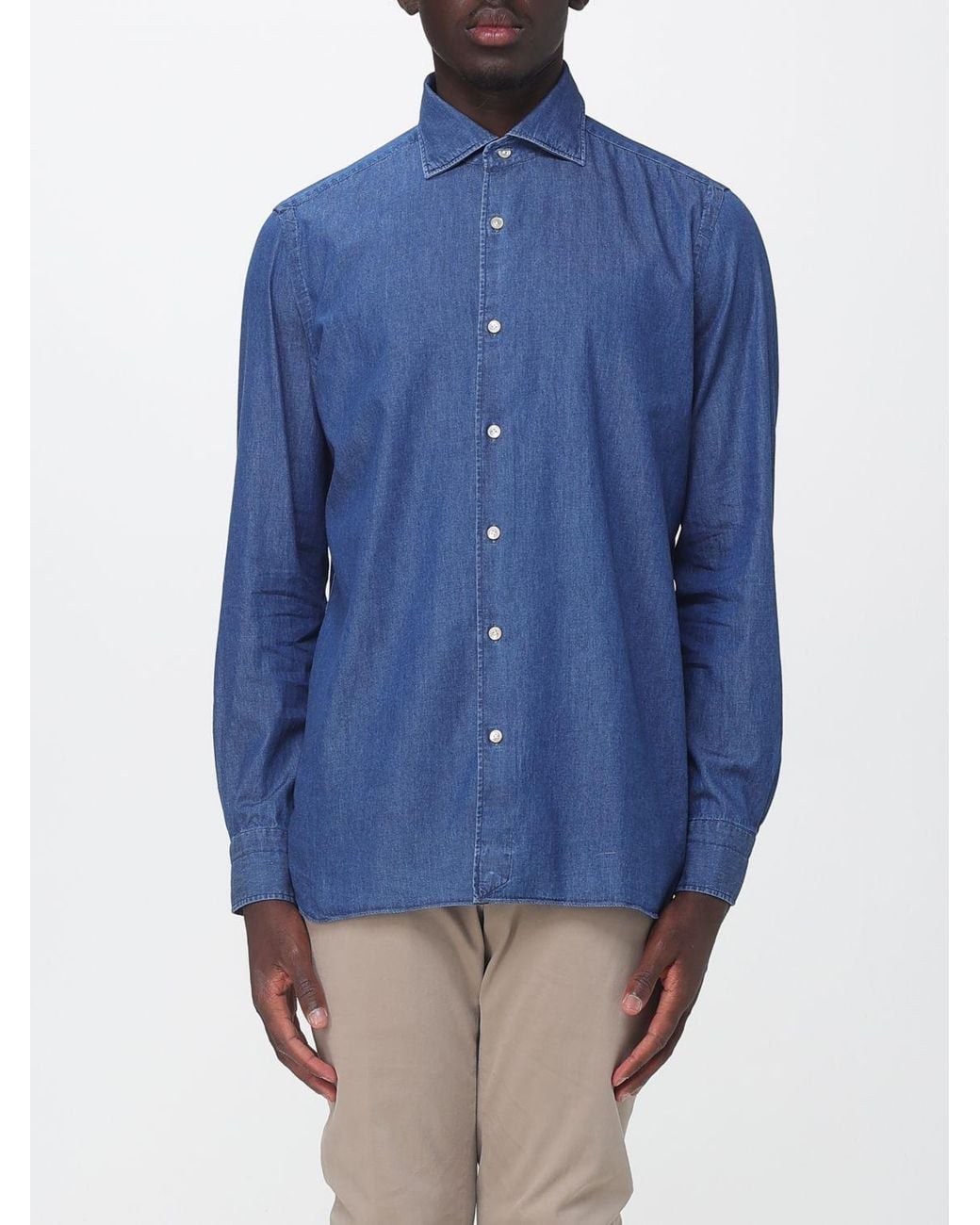 Luigi Borrelli Napoli Blue Luciano Long-Sleeve Cotton Shirt With French Collar for men