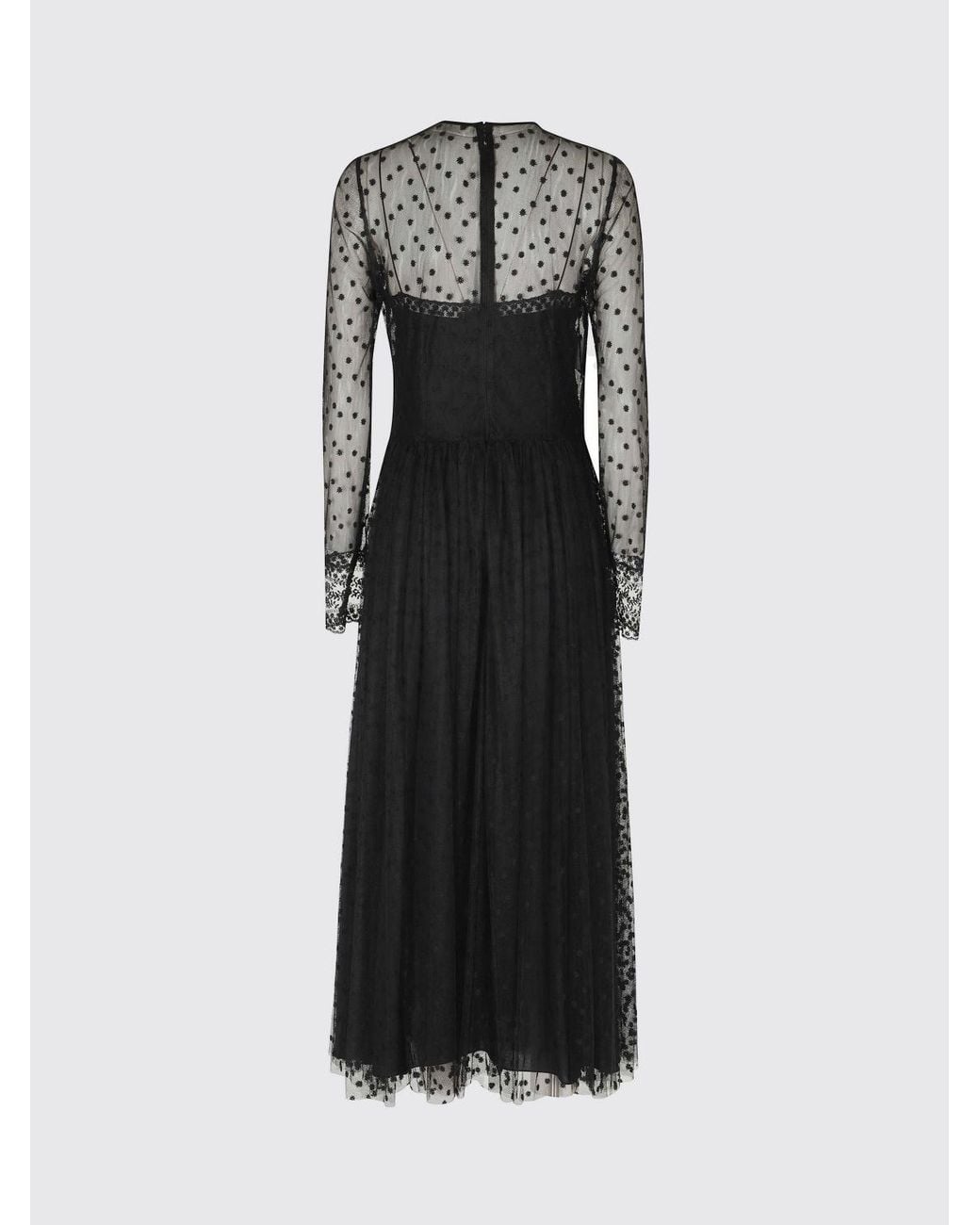 Alberta Ferretti Black Tulle Midi Ceremony Dress With Long Sleeves And A Crew Neck