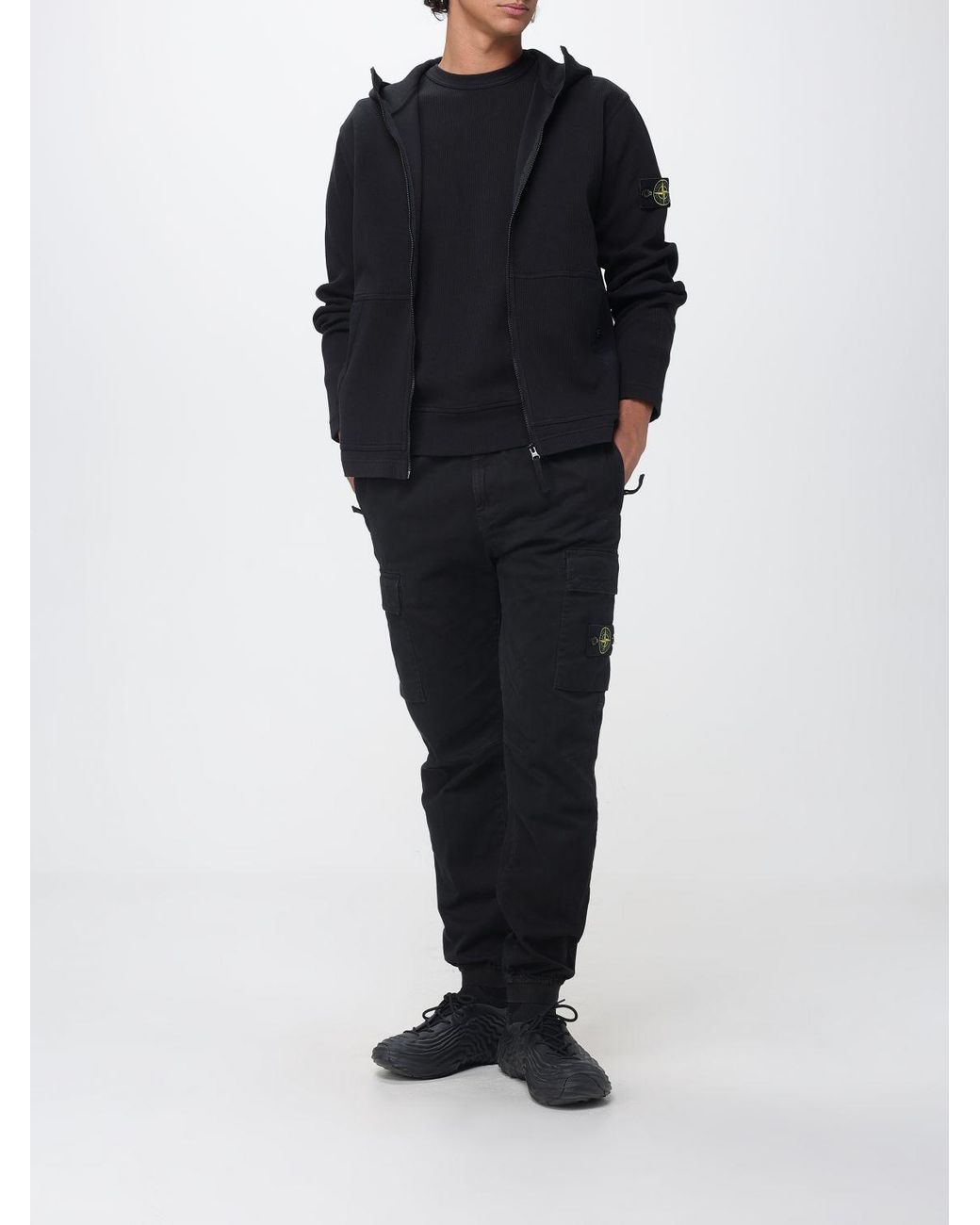 Stone Island Black Slim Fit Stretch Technical Fabric Cargo Trousers With Compass Logo for men