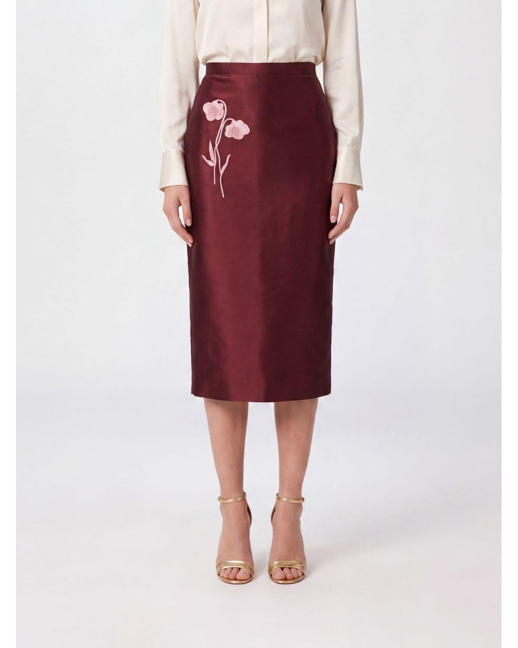 Erdem Red Floral Silk Blend High-Waisted Midi Pencil Skirt