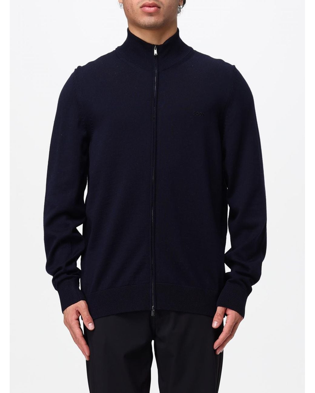 Boss Blue Virgin Wool Cardigan With High Neck And Zip Closure for men