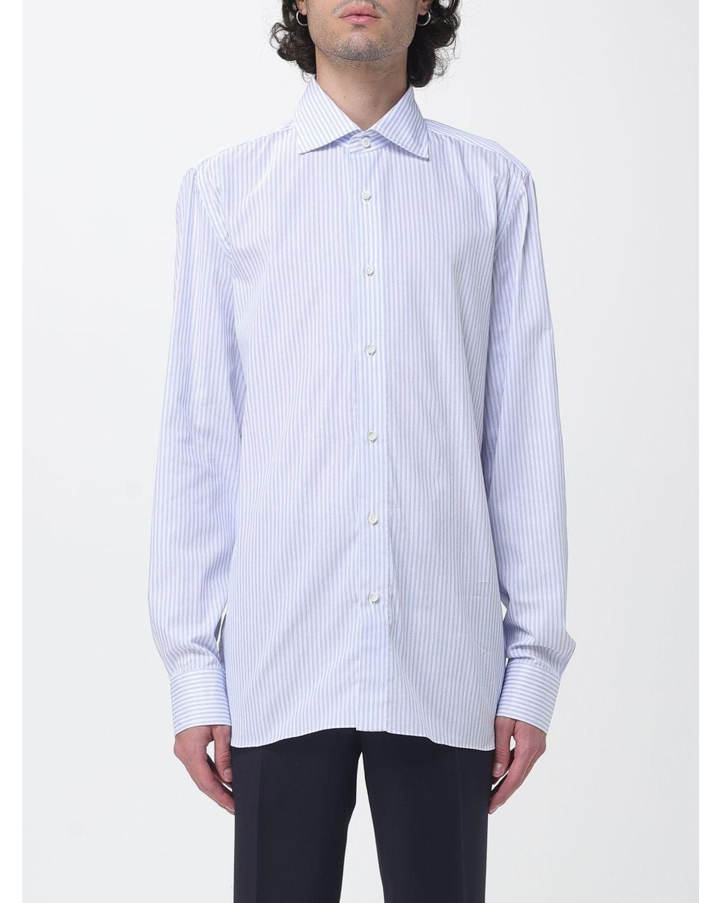 Luigi Borrelli Napoli White Luciano Long-Sleeve Striped Cotton Shirt With French Collar for men