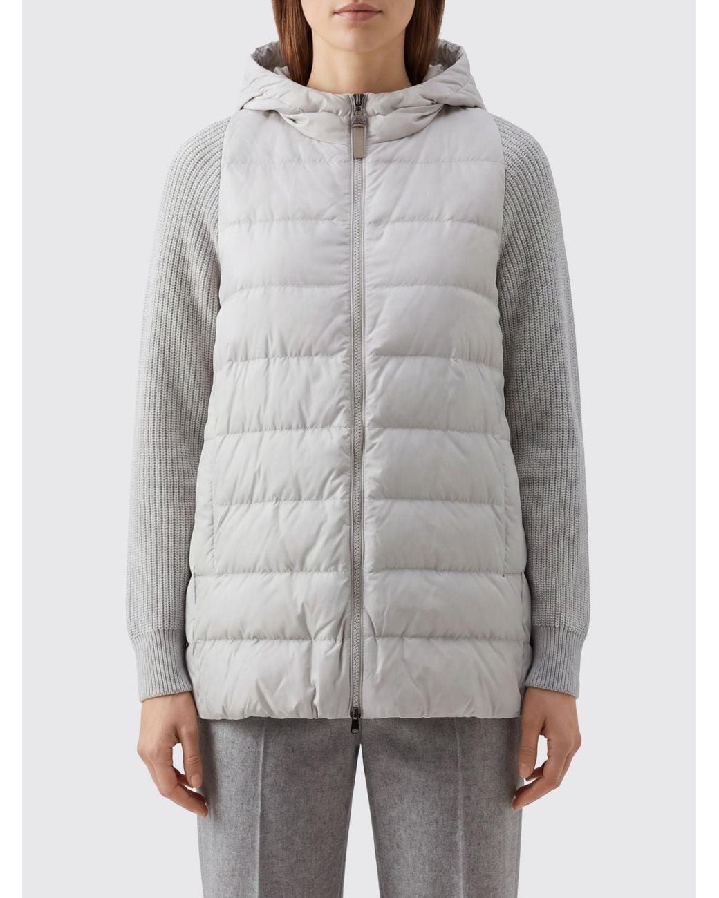 Brunello Cucinelli Gray Short Quilted Nylon Hooded Puffer Jacket With Zip Closure