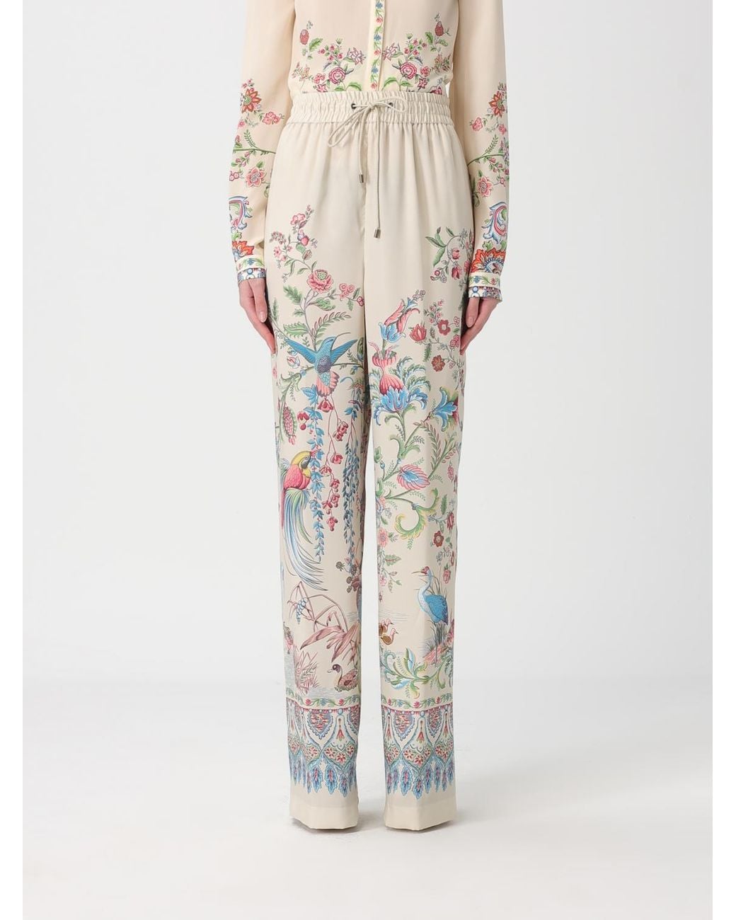 Etro White Floral Silk Trousers