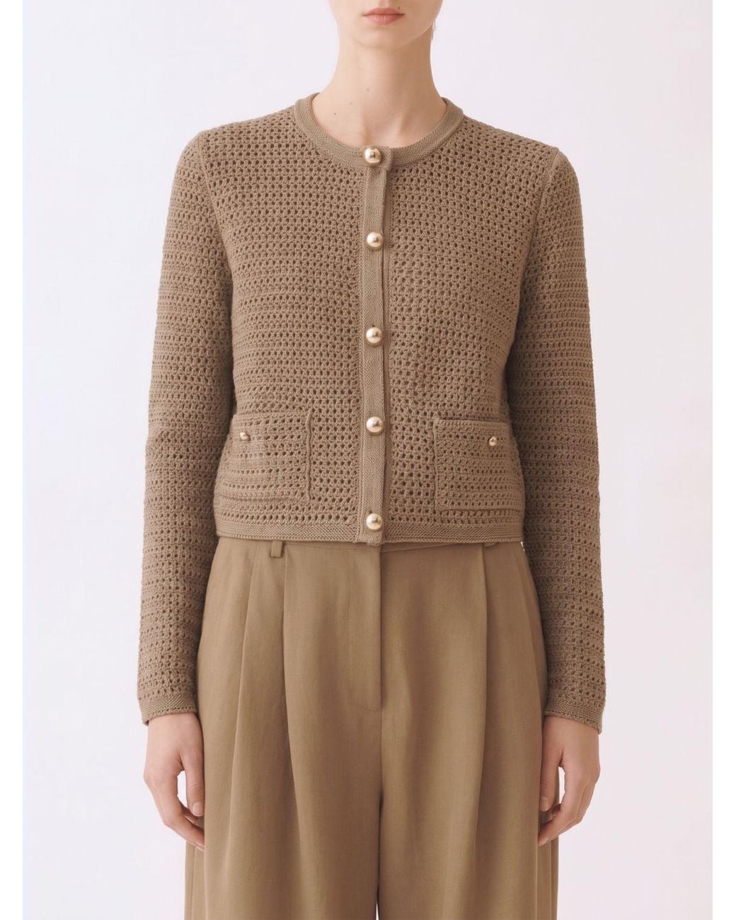 Fabiana Filippi Brown Crew-Neck Pure Cotton Cardigan With Buttoned Patch Pockets