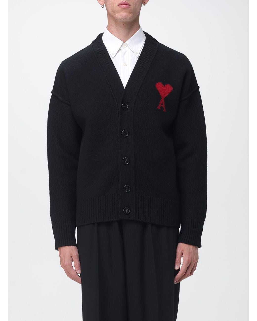 AMI Blue V-Neck Wool Cardigan With Contrast Logo for men