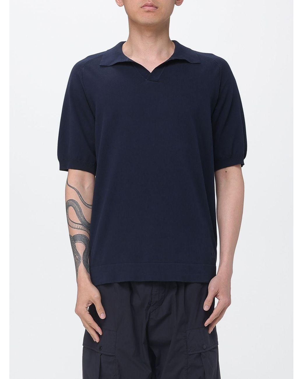 C P Company Blue Cotton Knit Polo Shirt for men