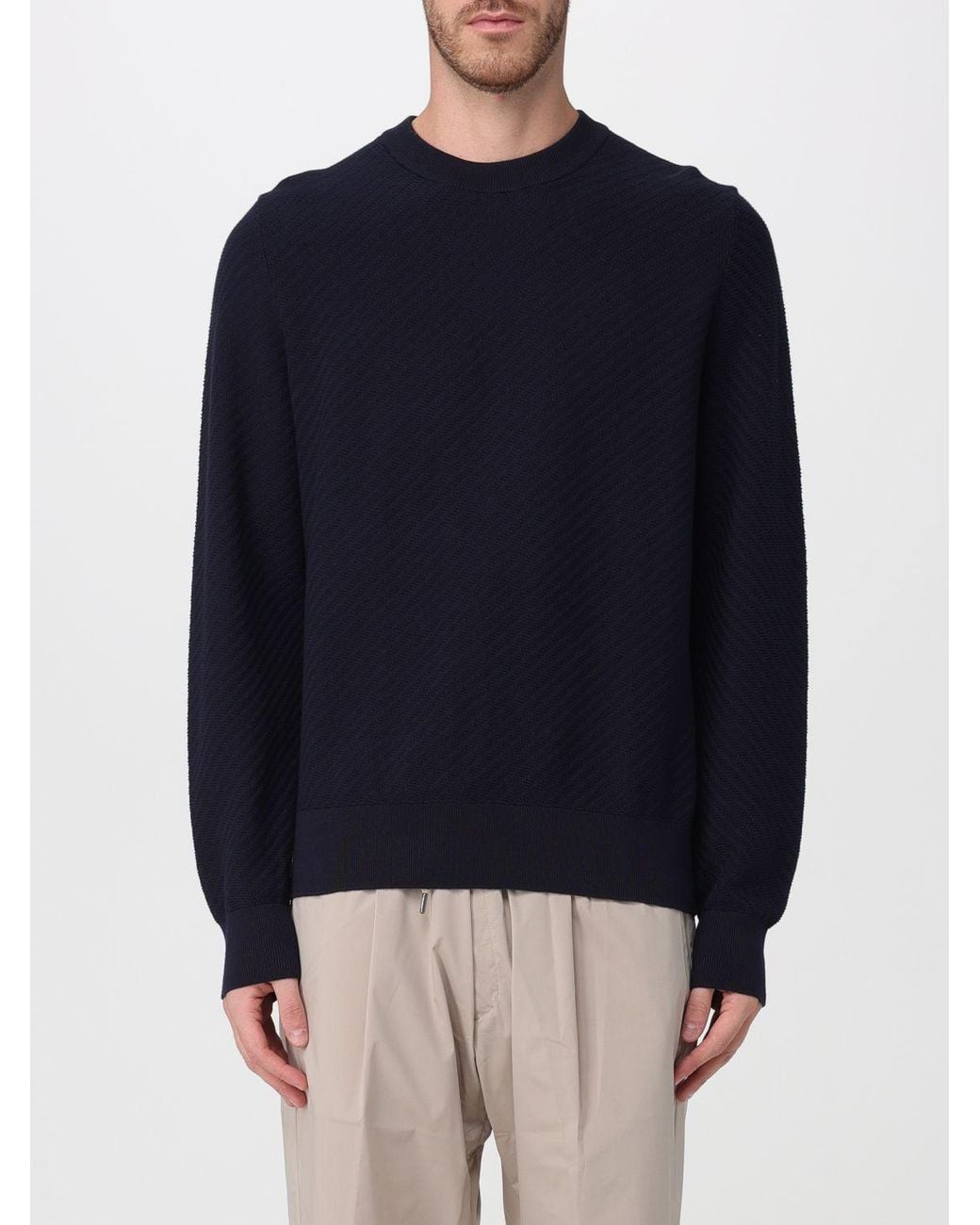 Boss Blue Pure Cotton Crewneck Jumper With Dropped Shoulders And Ribbed Trims for men
