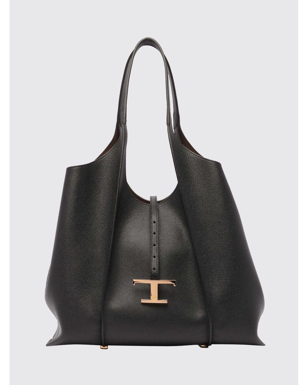 Tod's Black T Timeless Grained Calfskin Shopping Bag With Logo