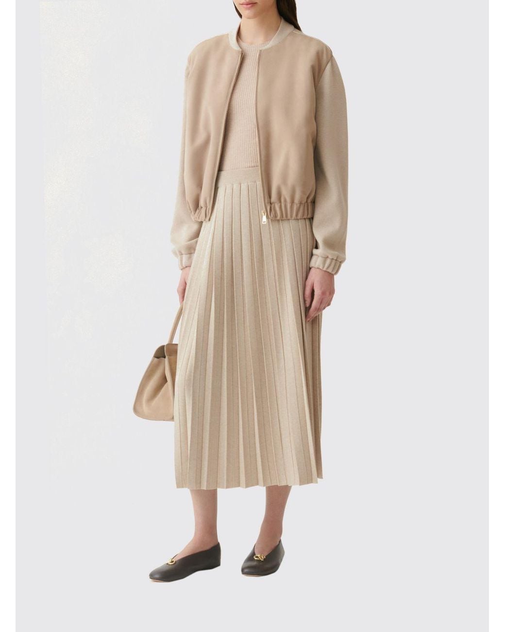 Fabiana Filippi Natural Pleated Wool And Silk Knit Midi Skirt