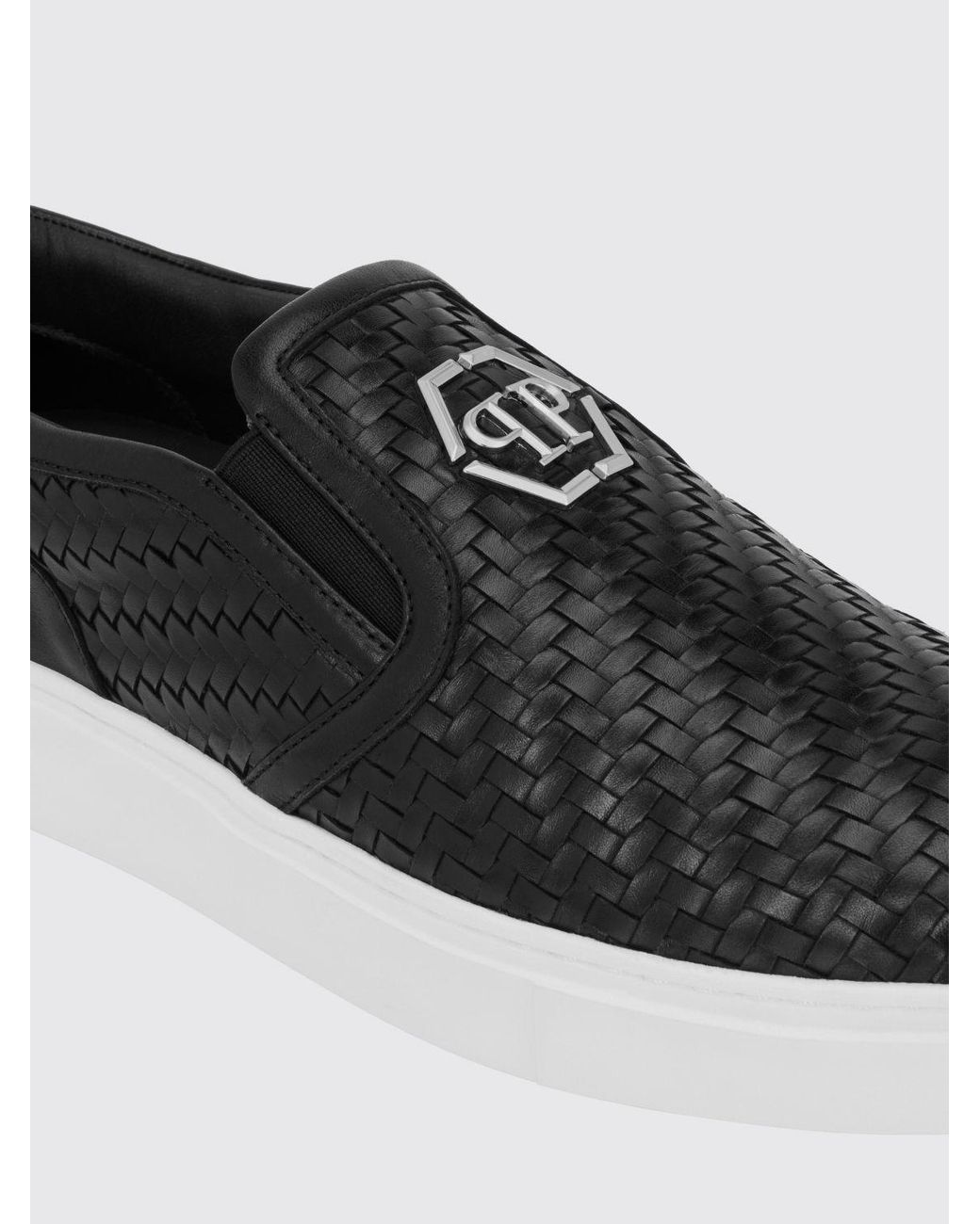 Philipp Plein White Monogram Woven Leather Slip-On Trainers With Hexagon Logo for men