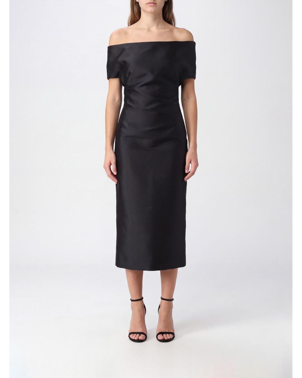 Jil Sander Black Off-The-Shoulder Wool And Silk Blend Midi Sheath Dress