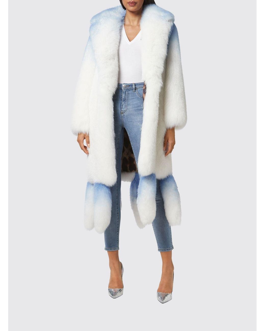 Philipp Plein Blue Abstract Pattern Fox Fur Coat With Fringes