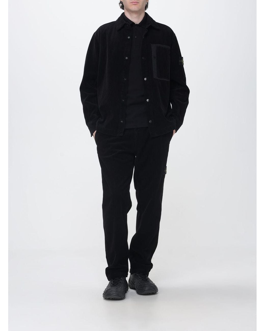 Stone Island Black Velvet Chino Trousers With Compass Logo Patch for men