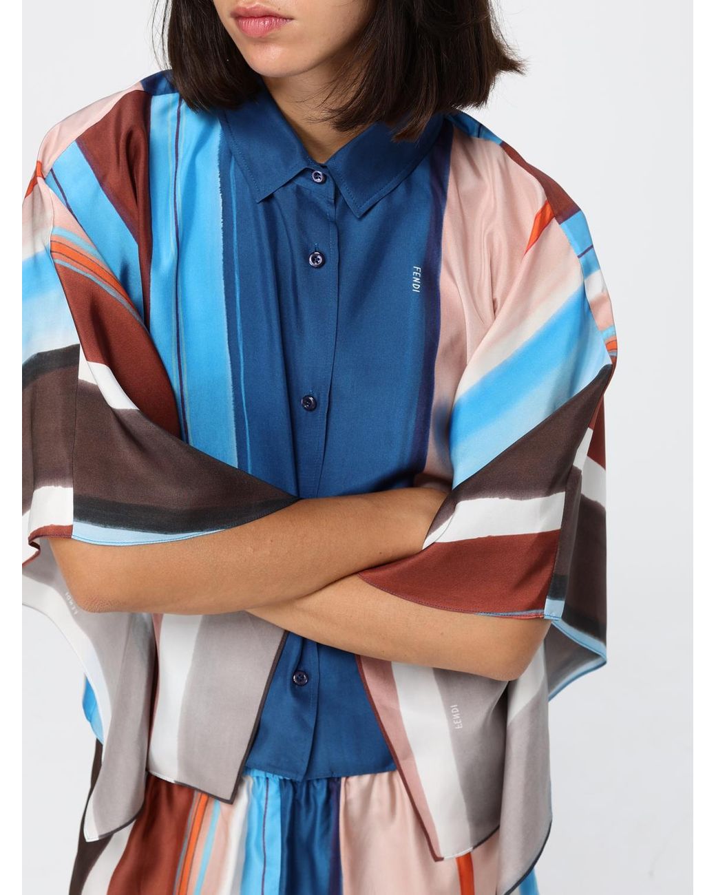 Fendi Blue Cropped Silk Shirt With Multicolour Stripes And Dropped Shoulders