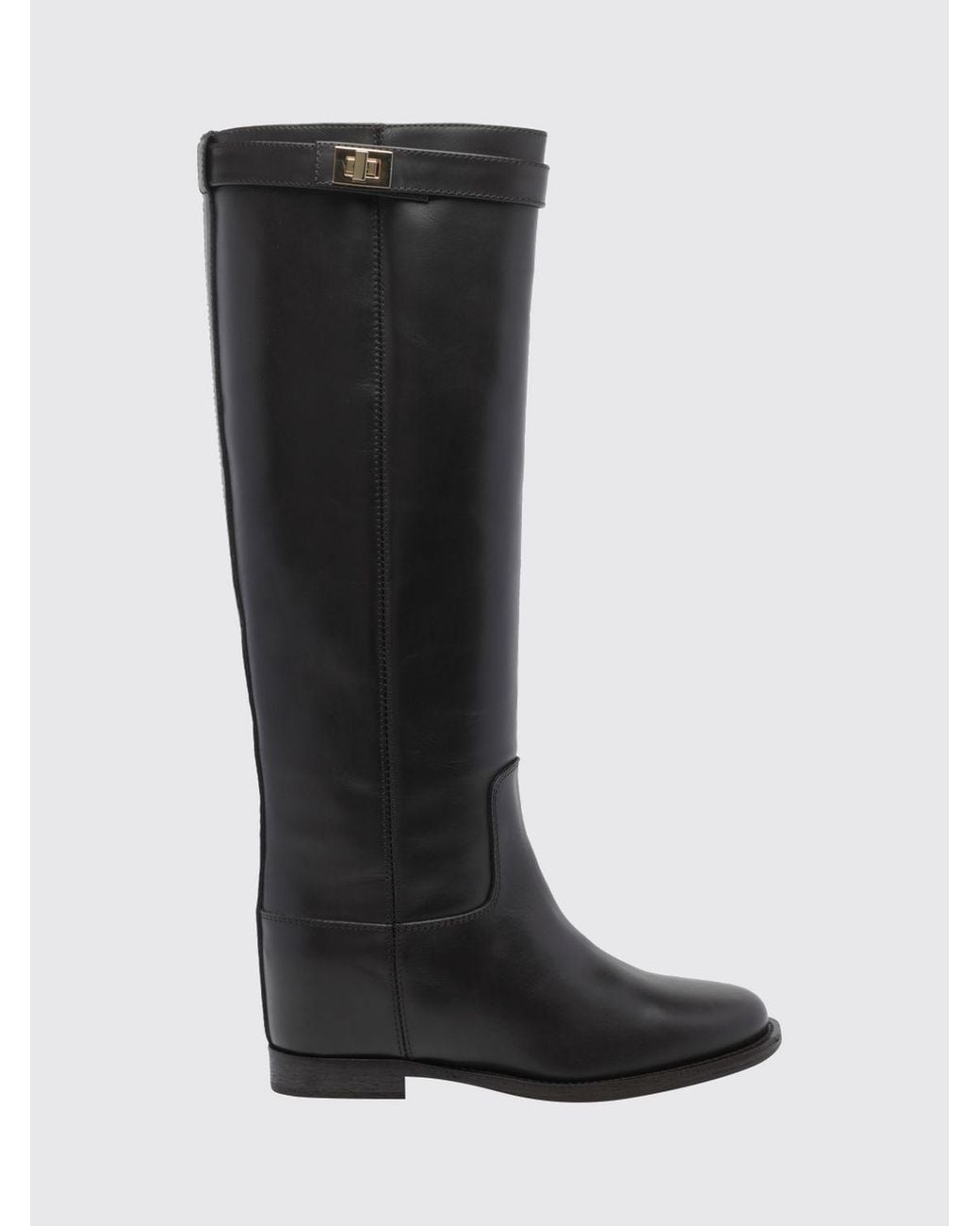 Via Roma 15 Black Knee-High Smooth Leather Wedge Boots With Strap Details