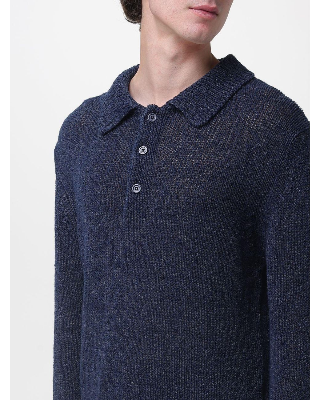 sunflower Blue Cotton And Linen Knit Polo Shirt for men