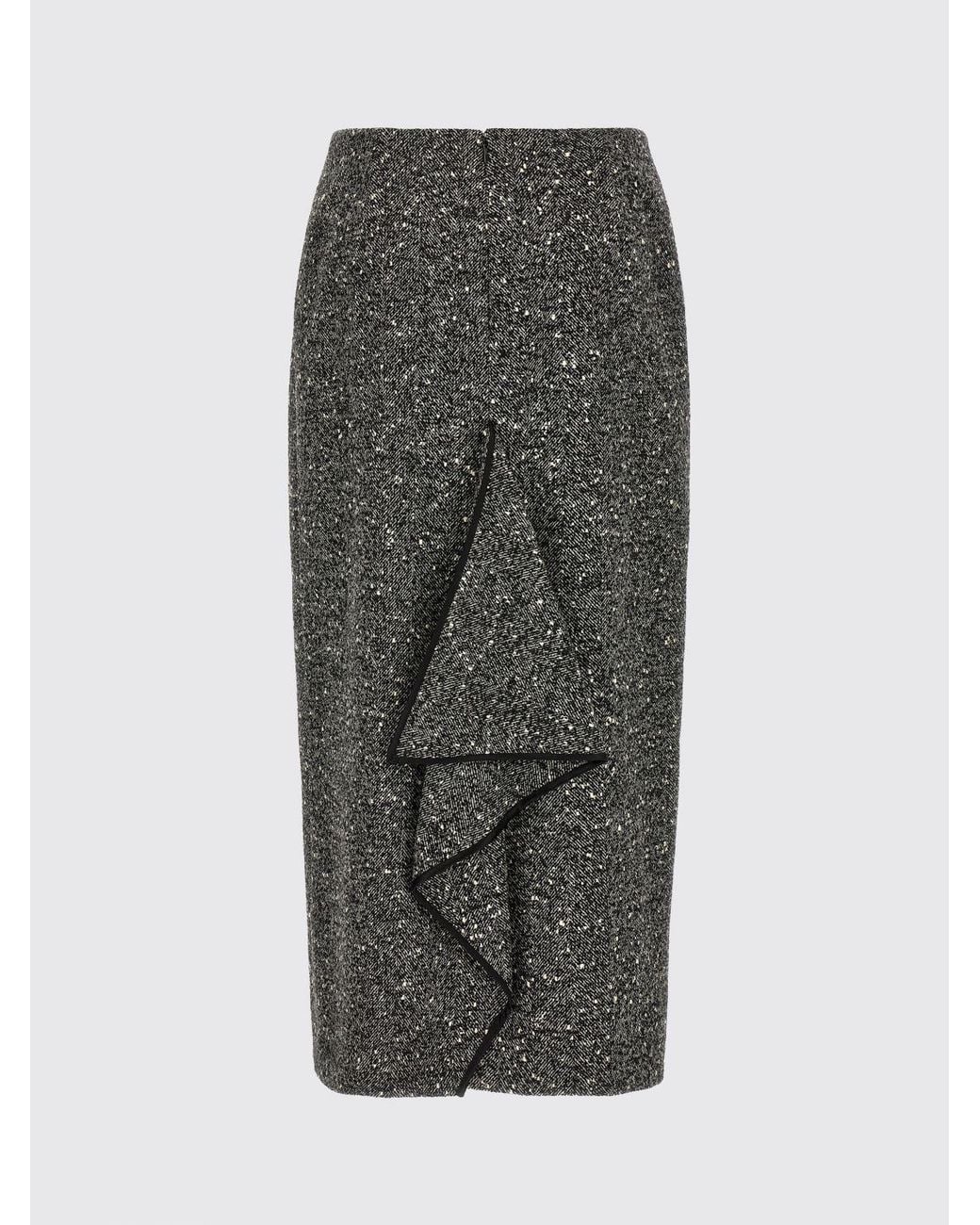 Valentino Garavani Gray Wool Blend Midi Pencil Skirt With Ruffles