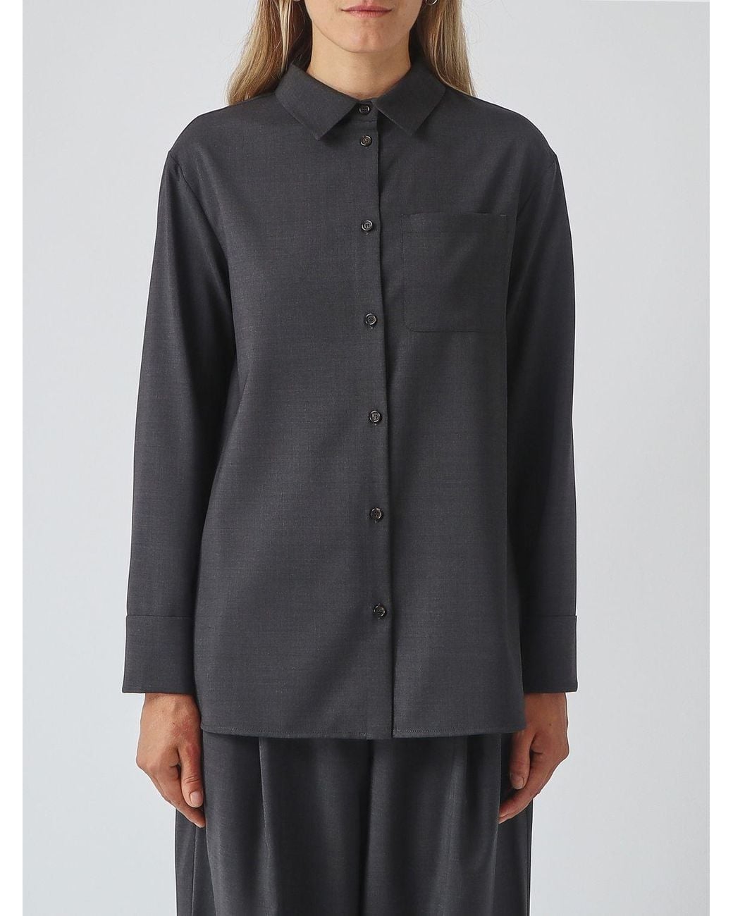 Max Mara Gray Wool Shirt With Classic Collar And Dropped Shoulders