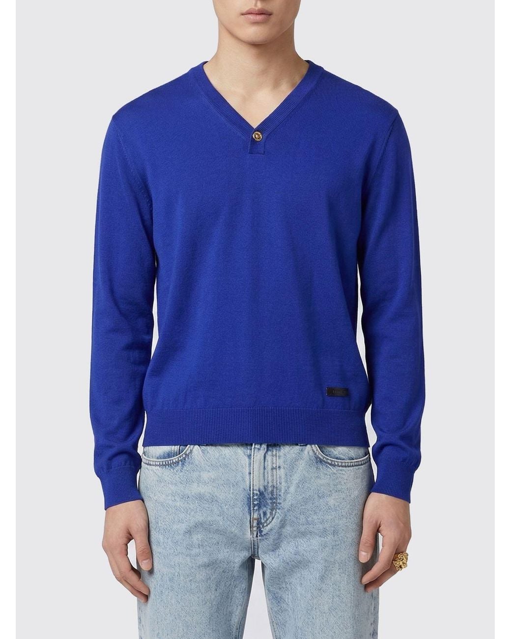 Versace Blue Cotton And Silk V-Neck Sweater for men