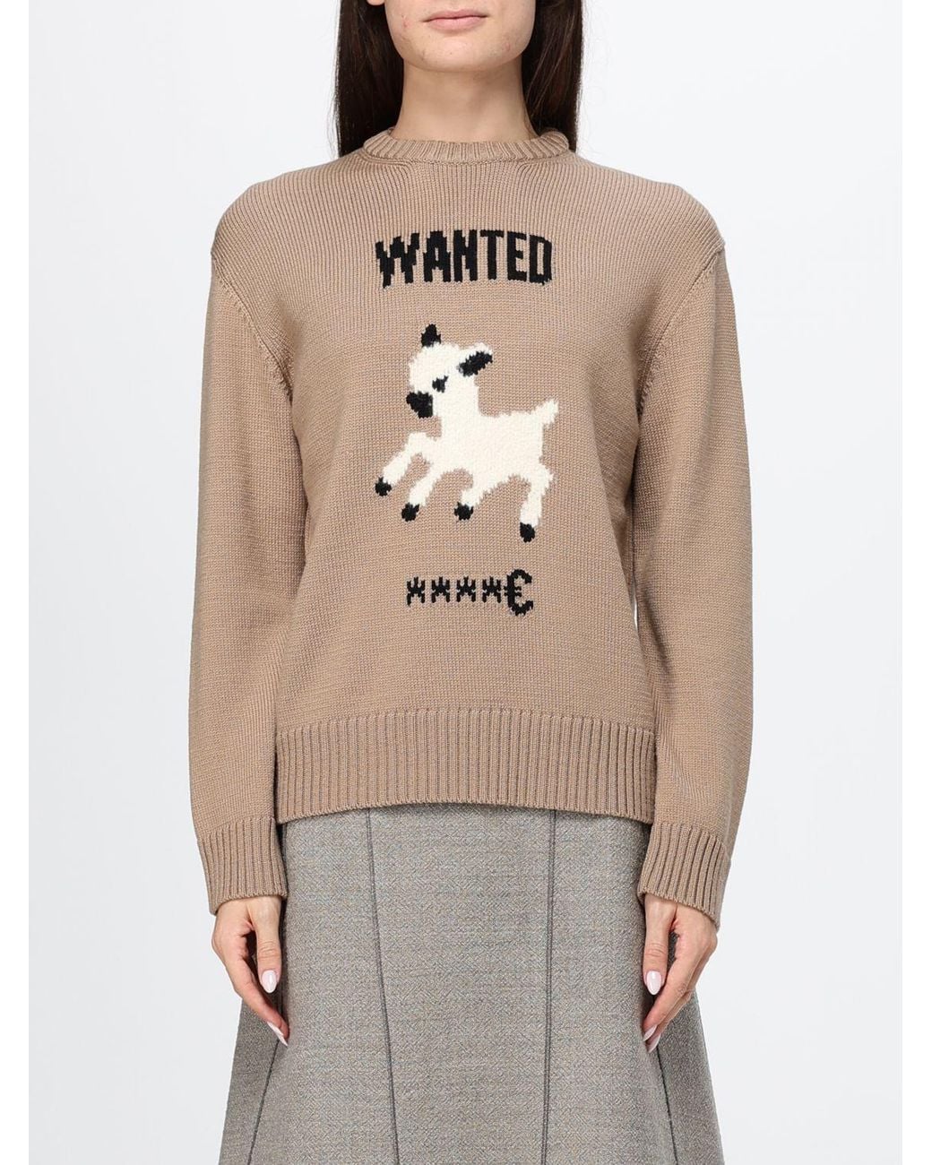 Moschino Couture Natural Pure Virgin Wool Crewneck Jumper With Front Graphic Print
