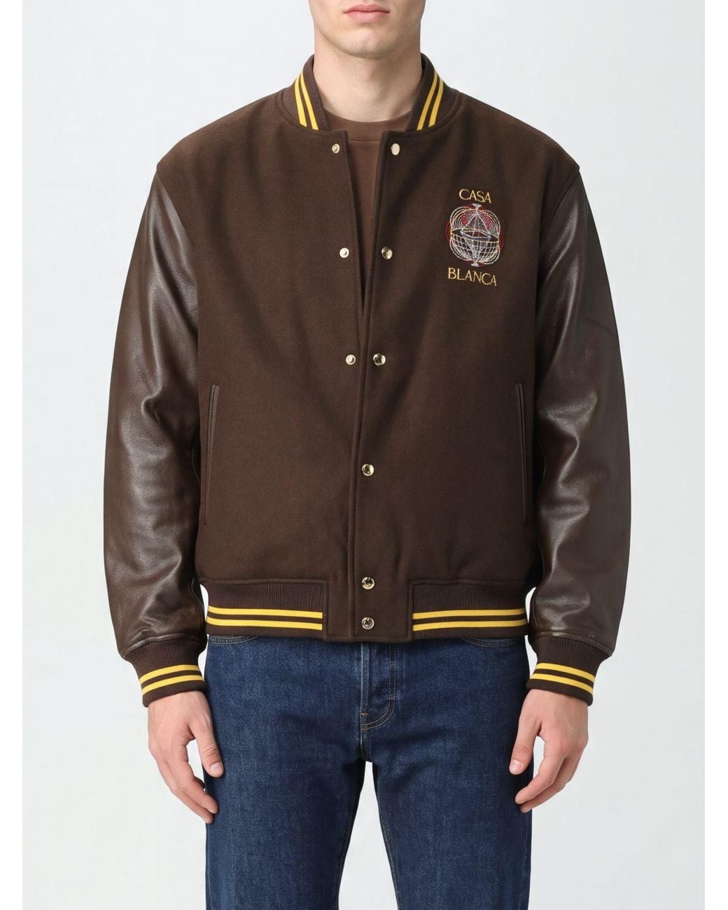 Casablanca Brown Virgin Wool Blend Varsity Bomber Jacket With Patches And Embroidered Logo for men