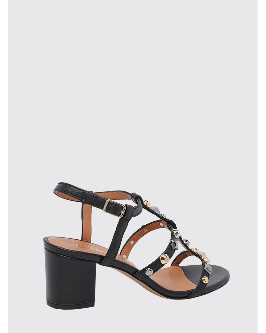 Via Roma 15 Natural Studded Leather T-Strap Sandals With Mid-Block Heel