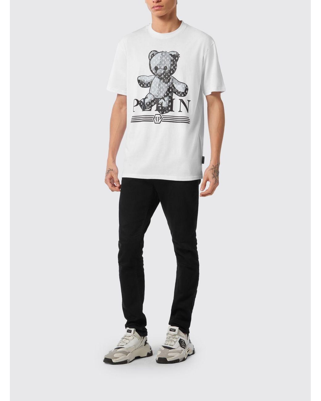 Philipp Plein White Dropped Shoulder Teddy Bear Print Cotton T-Shirt for men