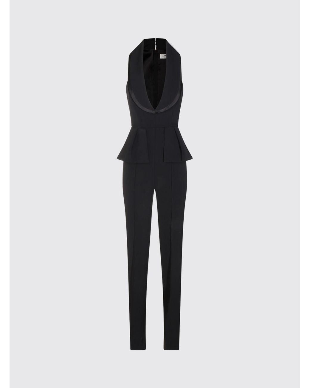 Elisabetta Franchi Black Slim Fit Long Jumpsuit With V-Neck And Ruffled Waist