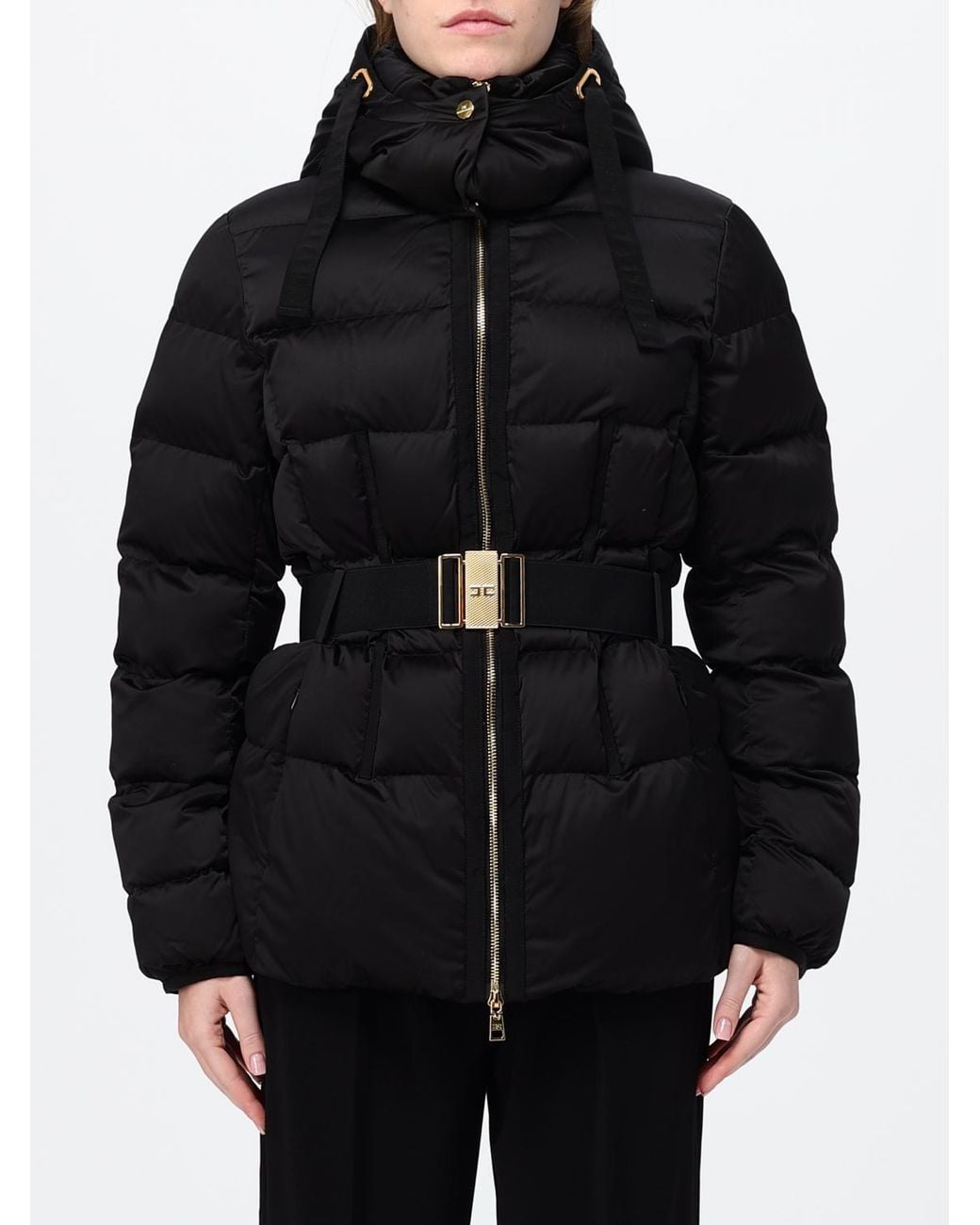 Elisabetta Franchi Black Short Quilted Puffer Jacket With Removable Hood And Belt