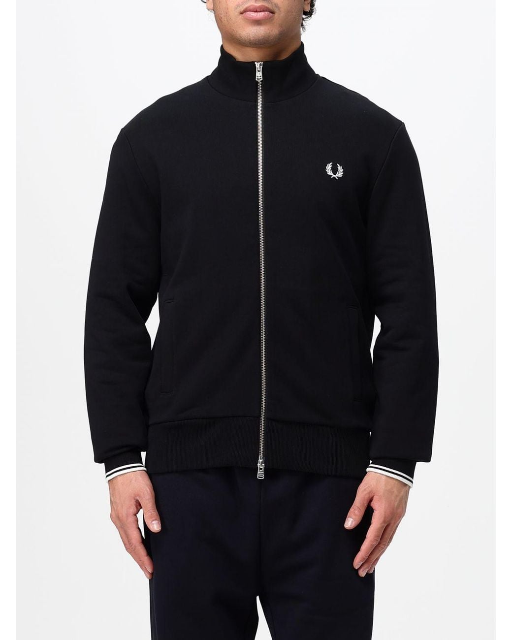 Fred Perry Blue High Neck Cotton Zip-Up Sweatshirt With Embroidered Logo for men