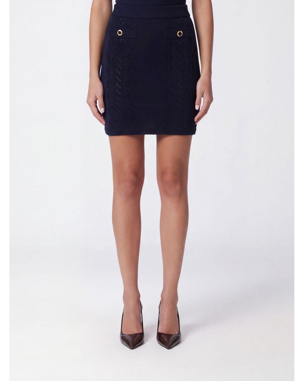 Alessandra Rich Blue Virgin Wool Midi Pencil Skirt With High Elastic Waist
