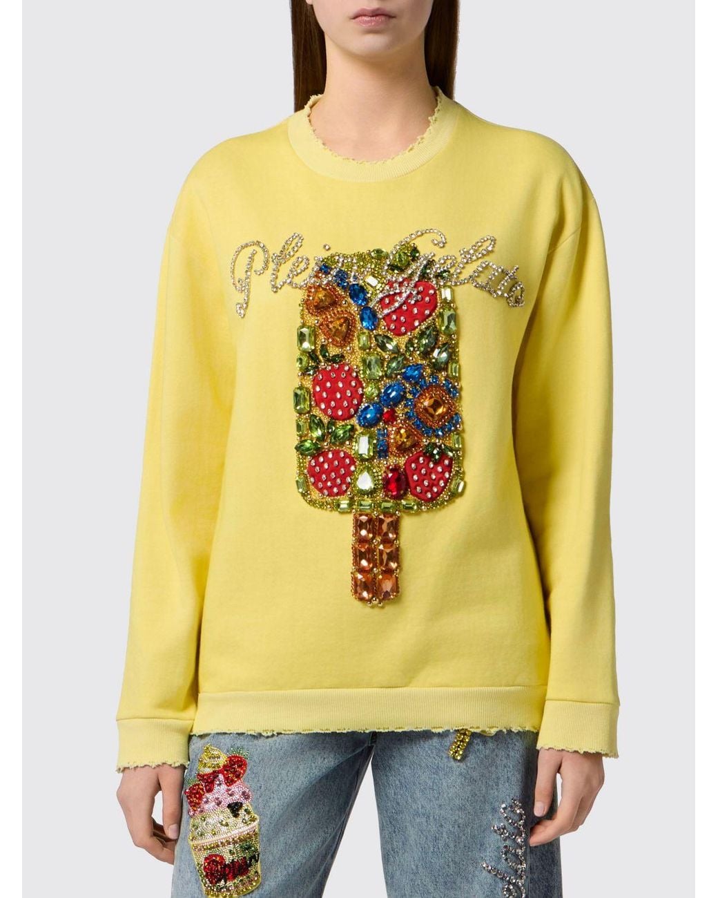 Philipp Plein Yellow Cotton Crewneck Sweatshirt With Frayed Hem And Rhinestone Logo
