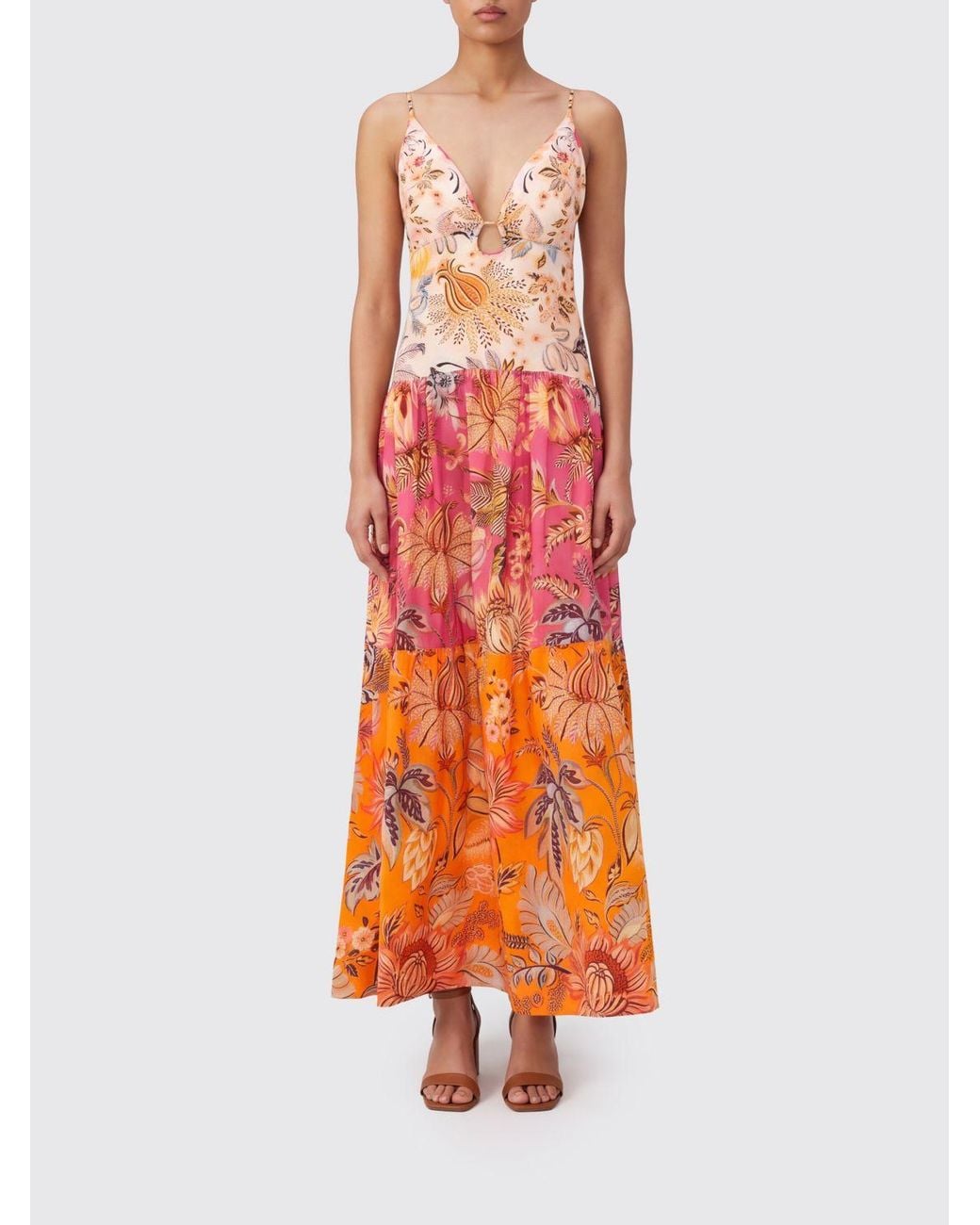 Farm Rio Orange Ligia Floral-Print Cotton Midi Dress With V-Neck