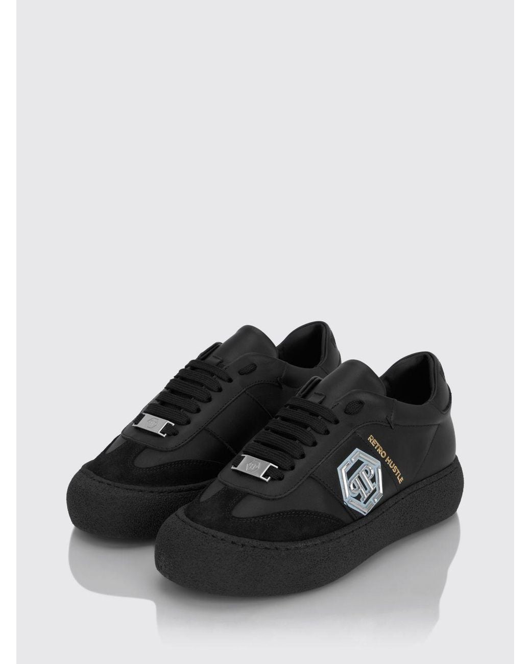 Philipp Plein Black Retro Hustle Monogram Leather Low-Top Trainers With Platform Sole for men