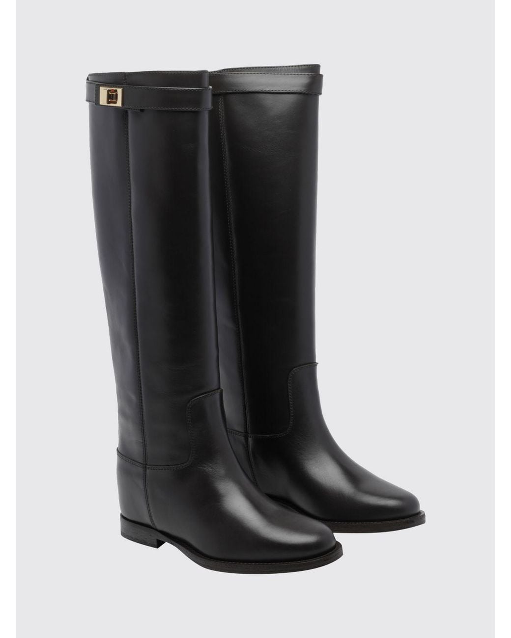 Via Roma 15 Black Knee-High Smooth Leather Wedge Boots With Strap Details